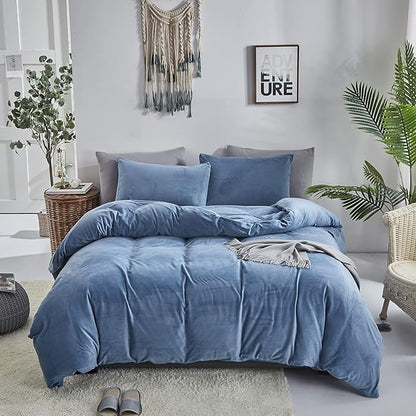 Wellboo Blue Velvet Comforter Sets Full Size Women Men Solid Lake Blue Fluffy Bedding Comforters Modern Minimalist Blue Flannel Cozy Quilts Plain Haze Blue Aesthetic Blanket Ultra Soft Shaggy Bed
