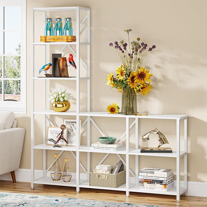 Tribesigns 9 Shelves Bookshelves, Industrial Ladder Corner Etagere Bookcase, Rustic 6-tier Display Open Shelf Storage Organizer for Living Room (White)