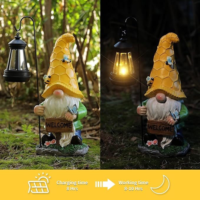 Gnome Garden Decor Statue Mom Dad Gifts Garden Accessories Garden Gnomes Outdoor Lights Solar Resin Gnomes Home Decorations for Patio,Yard,Lawn Ornament