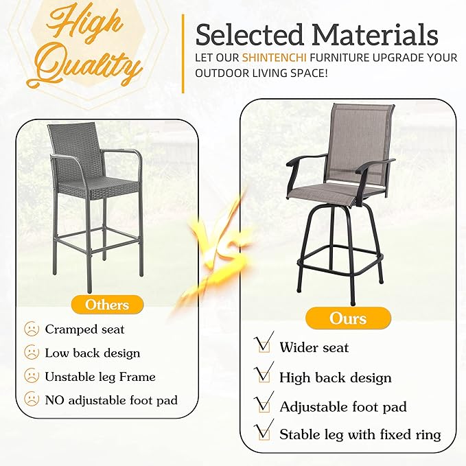 Shintenchi 4 Piece Outdoor Swivel Bar Stools, Patio Height Top Bar Stools Chairs Set of 4, All-Weather Textile Patio Bistro Bar high Chairs Set with High Back, Armrest for Lawn, Garden, Deck