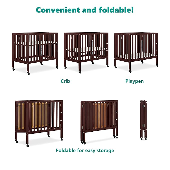 Jett Non-Full Size Folding Convertible Crib, Lightweight Portable Crib, Three Adjustable Mattress Height Settings, Easy to Fold Travel Crib, 1.5” Mattress Pad Included