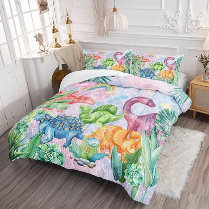 Datura home Kids Dinosaur Comforter Set for Girls Women,Cute Mermaid Scales and Rainbow Cloud Printed Pattern Kawaii Dinosaur Bedding Set with 2 Pillowcases(Dinosaur Rainbow Twin)
