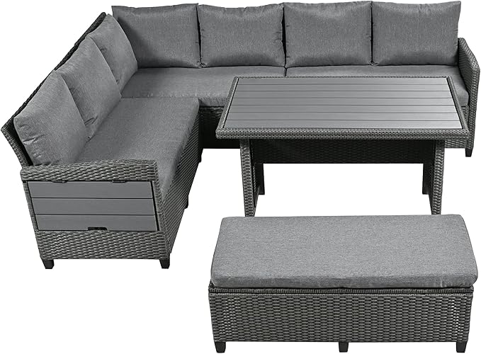 5 Piece Outdoor Furniture Patio Conversation with Dining Table&Bench, Sectional PE Wicker L-Shaped Sofa w/2 Extendable SideTable&Cushions&Washable Covers, Garden Rattan Couch, Gray