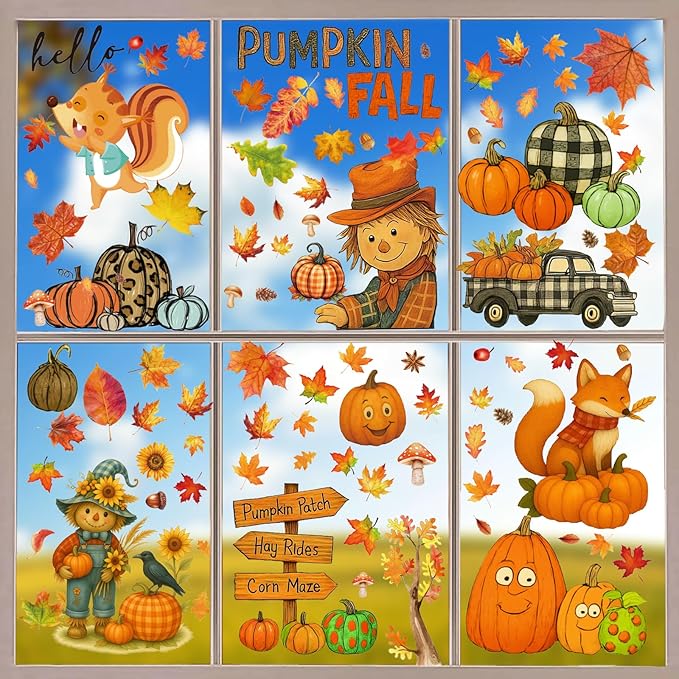 DC-BEAUTIFUL 153 Pcs Fall Window Clings, 12 Sheets Double Sided Autumn Pumpkin Scarecrow Maple Leaf Glass Stickers, Reusable Static Thanksgiving Window Decals Party Decors for Home Office School Shop