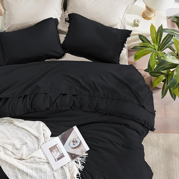Andency Black Comforter Set Twin Size, 2 Pieces Boho Tassel Lightweight Bedding Comforter Sets, All Season Soft Fluffy Fringe Bed Set (66x90In Comforter & 1 Pillowcase)