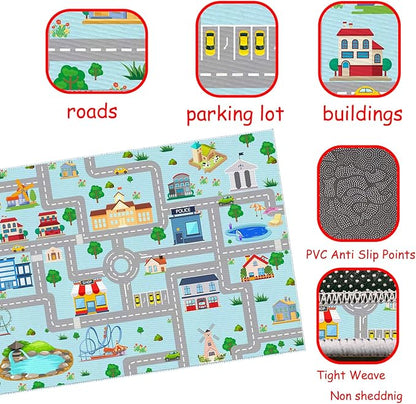 Kids Car Rug, 3' 3" x 5' 3" City Life Traffic Road Playmat for Toy Cars Trains, Non-Slip Race Track Carpet Educational Fun Area Rugs for Boy and Girl Bedroom Nursery