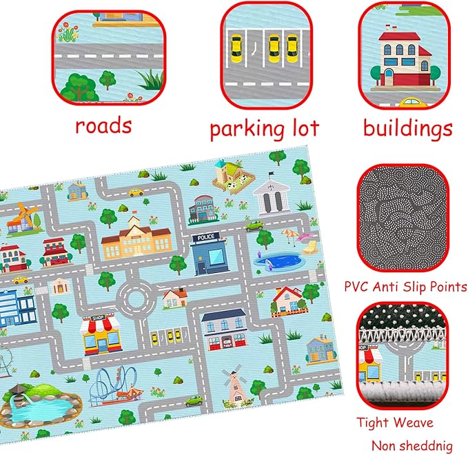Kids Car Rug,4x6 City Life Traffic Road Playmat for Toy Cars Trains, Non-Slip Race Track Carpet Educational Fun Area Rugs for Boy and Girl Bedroom Nursery
