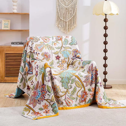 Boho Throw Blanket for Bed, 100% Cotton Soft Rustic Quilt Fall Blanket, 90"x98" Floral Printed Farmhouse Decor Bed Blankets, All Season Rustic Reversible Bohemian Throw Quilt
