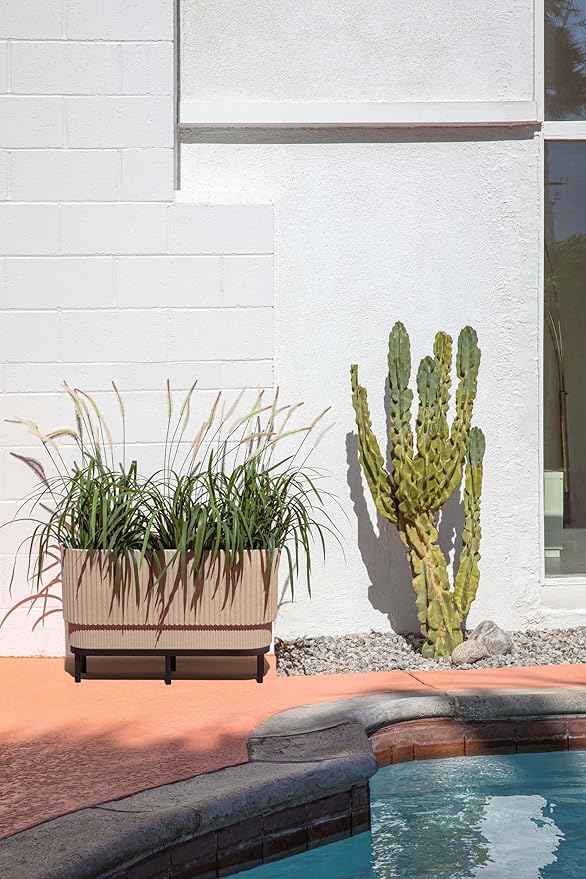 Veradek Demi Series Raised Long Planter for Indoor/Outdoor Use | Made from Plastic & Stone w/Wooden Stand | Modern Patio Décor for Flowers/Shrubs