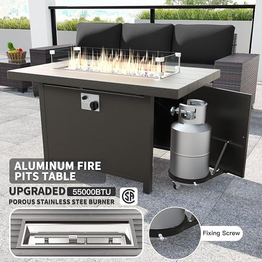Kullavik 13PCS Outdoor Patio Furniture Set with 43" 55000BTU Gas Propane Fire Pit Table PE Wicker Rattan Sectional Sofa Patio Conversation Sets,Black