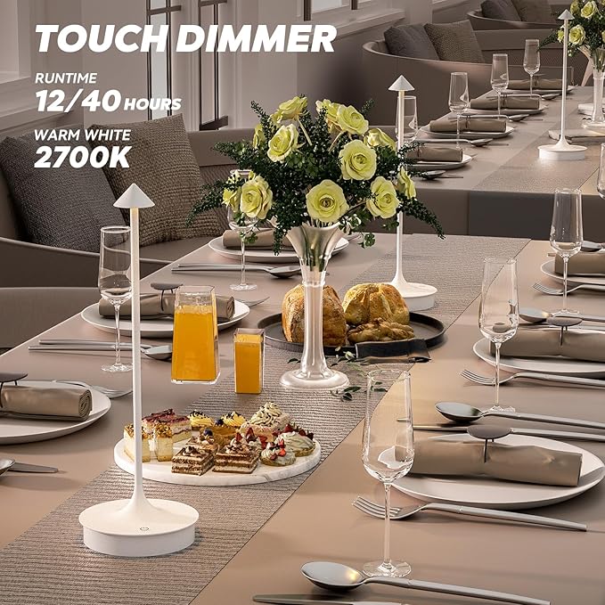 Set of 2 Cordless Table Lamp Rechargeable, Battery Operated Desk Lamp, 4000mAh LED Touch Lamp, Dimmable Portable Outdoor Waterproof Wireless Table Light for Restaurants/Bars/Outdoor(1PC, White)