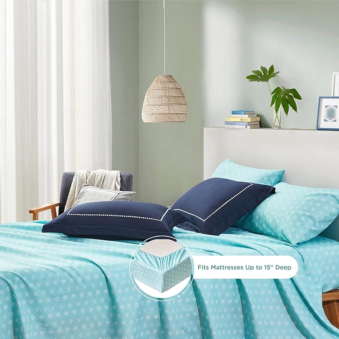 Degrees of Comfort Teen Twin Complete Comforter Sets for Girls, Boho Medallion Tween Bed in A Bag 6 Piece, Blue Microfiber Bedding Set with Sheets, Matching Decorative Pillow