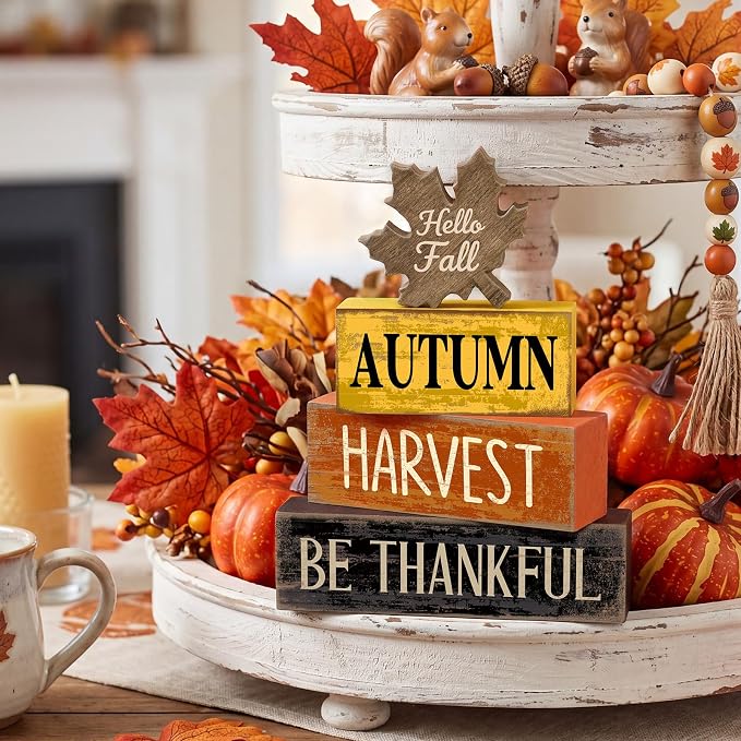 Moucuny 4 Pcs Fall Decor Wooden Maple Leaf Decoration Thanksgiving Tiered Tray Decor Rustic Wooden Maple Leaf Block Sign Thanksgiving Table Centerpiece Farmhouse for Autumn Harvest Party Kitchen Home