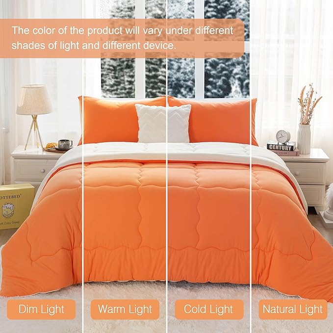 COTTEBED Warm Reversible Ultra-Soft Burnt Orange and Beige Comforter Set Queen, Breathable Fluffy Bedding Down Comforters Sets &2 Pillowshams for Women Girls Winter, Full/Queen Size Bed