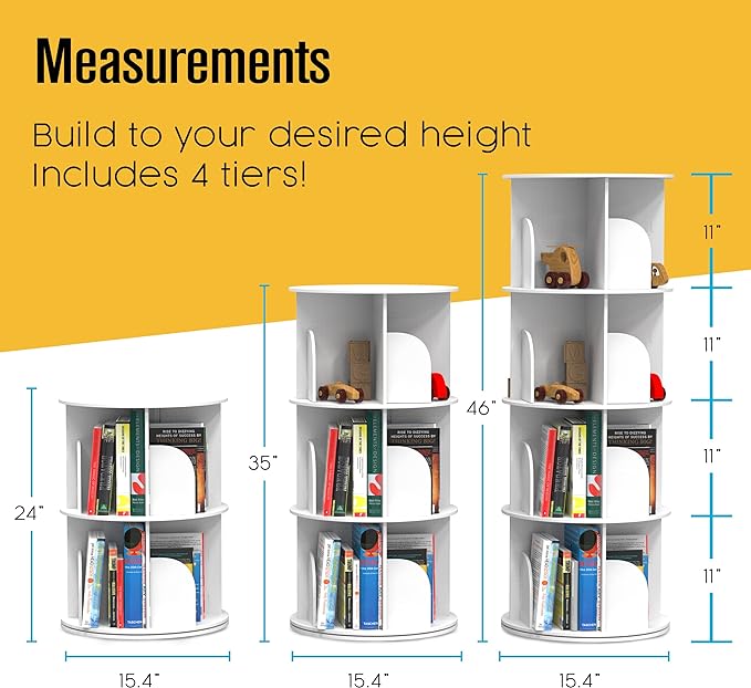 Rotating Bookshelf, Revolving Bookcase, Spinning Book Shelf, 4 Tier, 18.2” W x 50.6” H, White, Wood, 360 Degrees Bookshelves, Floor Stand, Rotation Display Tower, Stackable, Round, for Kids, Children