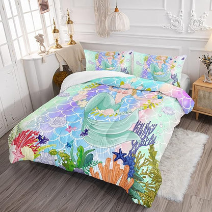 CVHOUSE Mermaid Comforter Set,Ocean Sea Mermaid Bedding Set for Girls Kids Teens,Mermaid Comforter Butterflies Duvet Set Room Decor Quilt Set Full Size