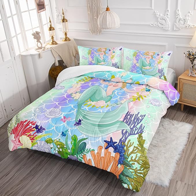 CVHOUSE Mermaid Comforter Set,Ocean Sea Mermaid Bedding Set for Girls Kids Teens,Mermaid Comforter Butterflies Duvet Set Room Decor Quilt Set Queen Size