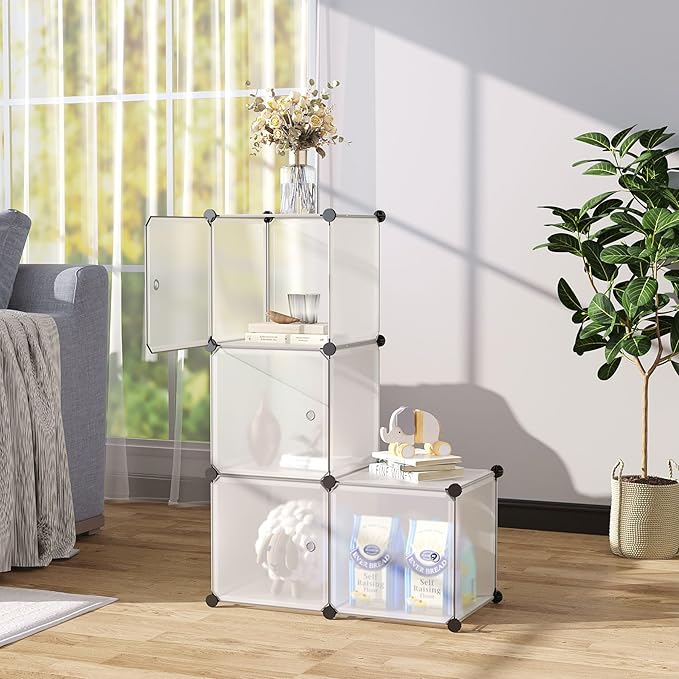 C&AHOME Cube Storage Organizer with Doors, 4-Cube Shelves, Closet Cabinet, DIY Plastic Modular Bookshelf Ideal for Bedroom, Living Room, 24.8" L x 12.4" W x 24.8" H White USHS04W-DOOR