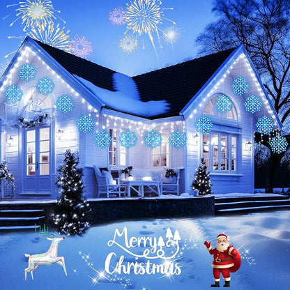 Christmas Snowflake Icicle Lights Outdoor - Plug-in 10.5ft 5 Drops 240LED Snowflake Window Lights with 8 Modes, Hanging Lights for Indoor Outdoor Porch Eaves Rooftops Christmas Decor, Blue and White