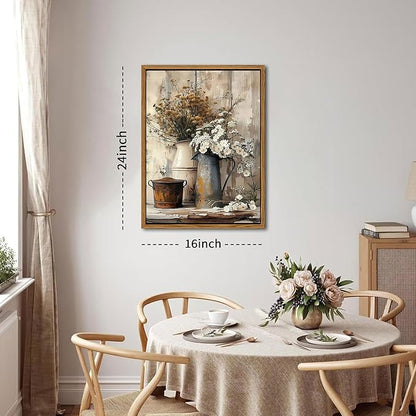 Floating Framed Farmhouse Vintage Canvas Wall Art, Country Floral Daisy Pictures Wall Decor, Wood Grain Art Paintings Poster for Living Room Bedroom Bathroom Rustic Decor 16x24 inch
