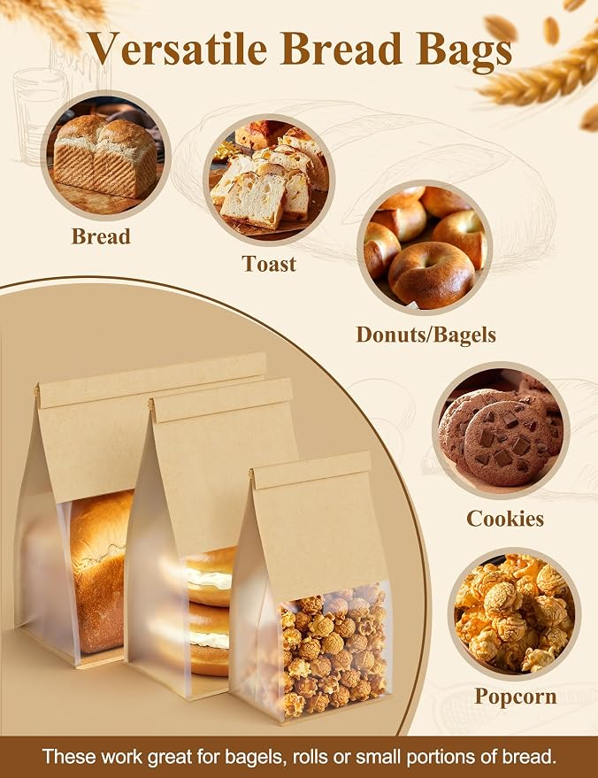 FireKylin Bread Cookie Bags with Window & Tin Tie 5.1x3.9x11.0 (50,Medium) | Food Safe Brown Paper, Clear Window, Reusable Tin Tie, for Homemade Bread, Cookies, Muffins, Pastry, Candy, Party Favor
