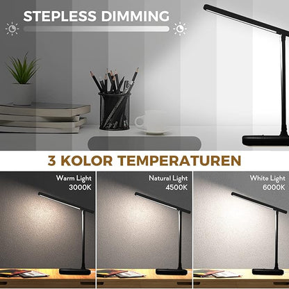 LED Desk Lamp with Touch Control, Reading Lamp No Flicker, 3 Color Modes, Foldable Table Lamp, Eye Caring Reading Light for Office, Home, Dormitory, USB Interface DC5V 1A(Black)