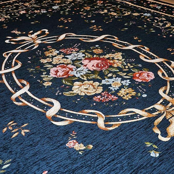 Luxury Rustic Floral Door Mat Washable Elegant Shabby Rose Rug Non Slip Accent Floor Rugs for Entry Way, 2'7'' x 4', Navy Blue