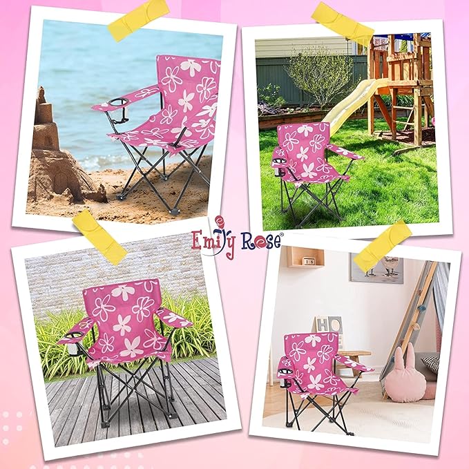 Emily Rose Kids Folding Chair | USA Company | Pink Kid Beach Chair with Safety Lock- Camping Chair for Girls Toddler with Cup Holder & Carry Case- Tailgate, Travel, Beach, Lawn- for Indoor & Outdoor