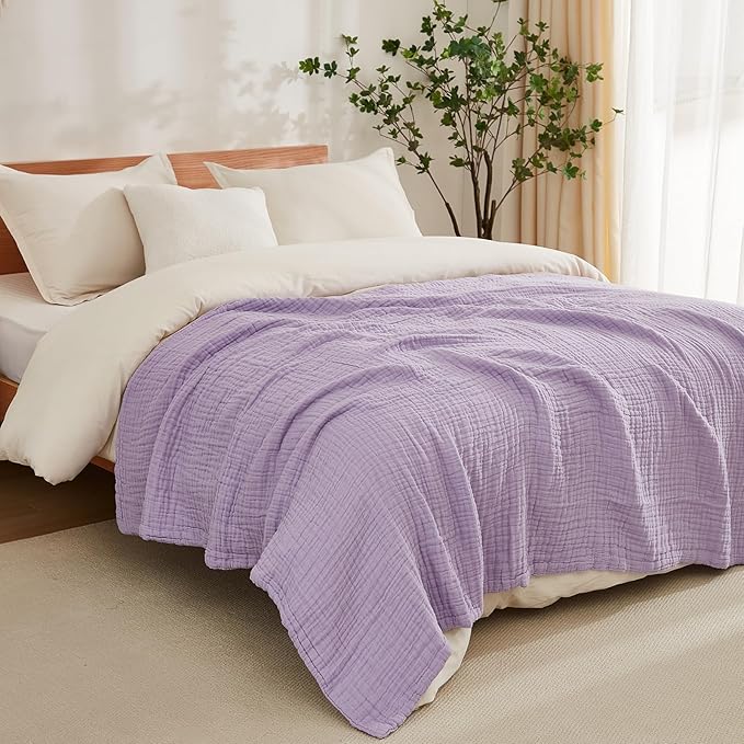 EMME Cotton Muslin Blanket King Size - Soft, Breathable Layering Blanket, 108"x90", All Season Gauze, Lavender