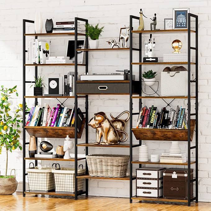 NUMENN Triple Wide 6 Tier Bookshelf, Adjustable Rustic Industrial Style Book Shelves, Modern Bookcases and Bookshelves Furniture for Bedroom, Living Room and Home Office, Vintage Brown