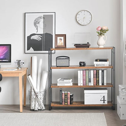 Bookshelf,4-Tier Industrial Bookcase,Rustic Wood and Metal Open Display Book Shelves Home Office,Bedroom Standing Shelf Unit,Horizontal Kitchen Shelf Organizer,Bathroom Storage Rack Mid Century 47in
