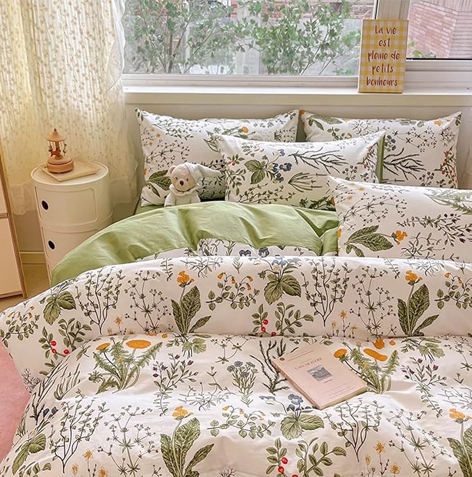 Botanical Comforter Set Twin Cotton White and Green Floral Plant Bedding Set Garden Pattern Printed on White Reversible Blanket 3 PCs 1 White Comforter 2 Pillowcases