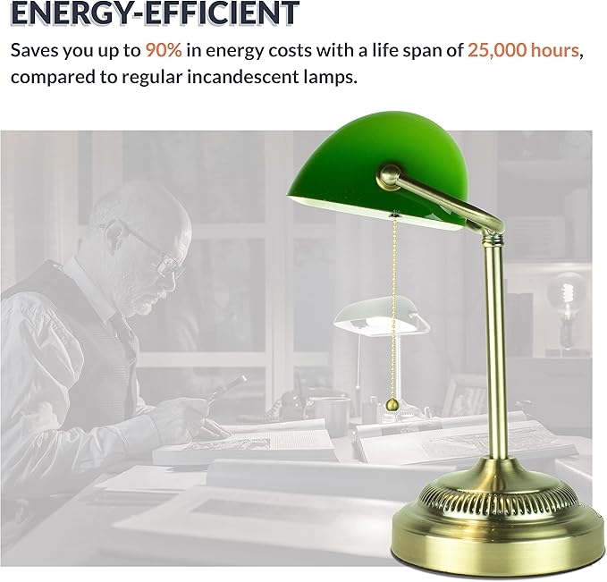 Newhouse Lighting NHDK-MO-GOAZ Morgan Antique Green and Brass Glass and Metal Adjustable Classic Banker Lamp | Compatible with Energy-Efficient LED Bulb