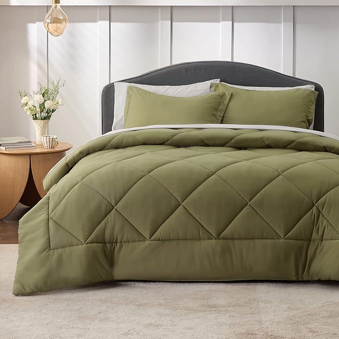 Bedsure Olive Green Twin XL Comforter Set - 5 Pieces Reversible Twin XL Bed in a Bag Twin XL Bed Set with Comforters, Sheets, Pillowcase & Sham, Twin XL Bedding Sets