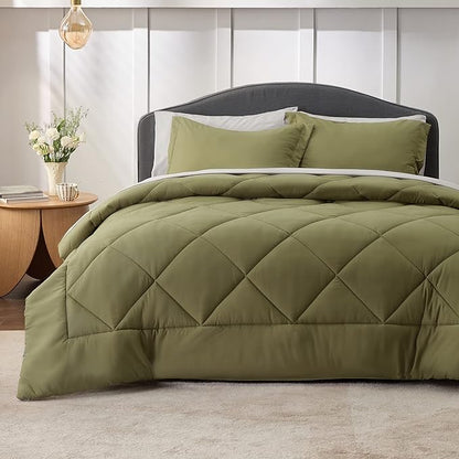 Bedsure Olive Green Twin XL Comforter Set - 5 Pieces Reversible Twin XL Bed in a Bag Twin XL Bed Set with Comforters, Sheets, Pillowcase & Sham, Twin XL Bedding Sets