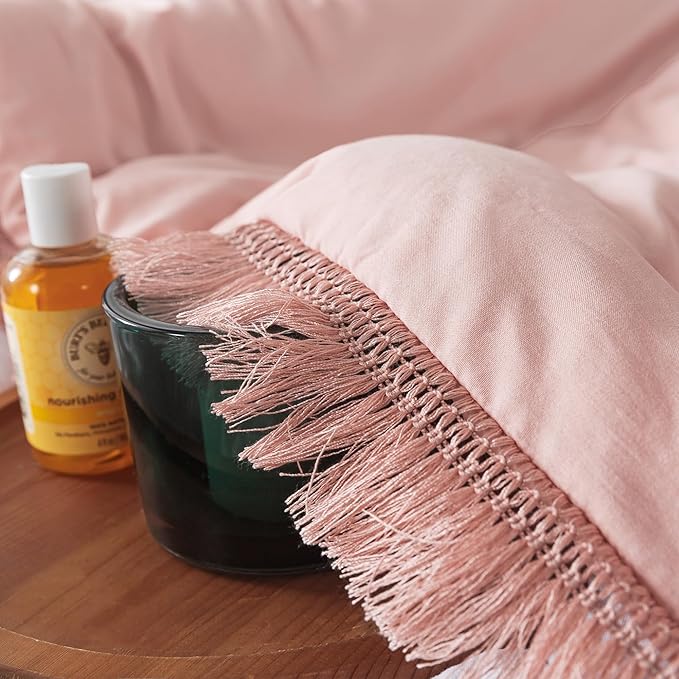 Andency Pink Comforter Set Full Size for Girls, Blush Boho Women Tassel Lightweight Bedding Comforter Sets, 3 Pieces All Season Soft Fluffy Fringe Bed Set (79x90In Comforter & 2 Pillowcases)