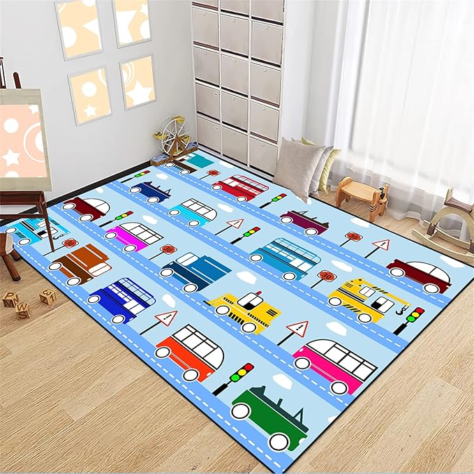 Car Rug Car Play Mat Kids Rugs for Playroom Car Rug Play Mat Rugs for Boys Bedroom Car Carpet for Kids Play Rug for Cars and Trucks Car Rug for Boys Room,Light Blue 4'×5'