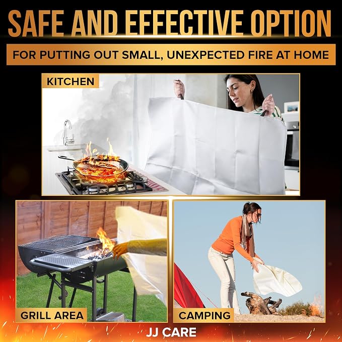 JJ CARE Fire Blanket – 40"x40" 4 Packs with Hooks – Emergency Fire Blanket for Home & Kitchen, High Heat Resistant Fire Suppression Blankets for Home Safety, Kitchen, and Camping