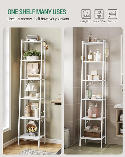 Ladder Shelf, Bookshelf Bookcase, Freestanding Corner Storage Shelve with 2 Hooks for Home Office, Living Room, Kitchen, Bedroom, Industrial, 6-Tier White BC13313W