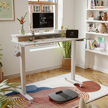 FEZIBO 60 x 24 Inch Height Adjustable Electric Standing Desk with Double Drawer, Stand Up Desk with Storage Shelf, Sit Stand Desk, White