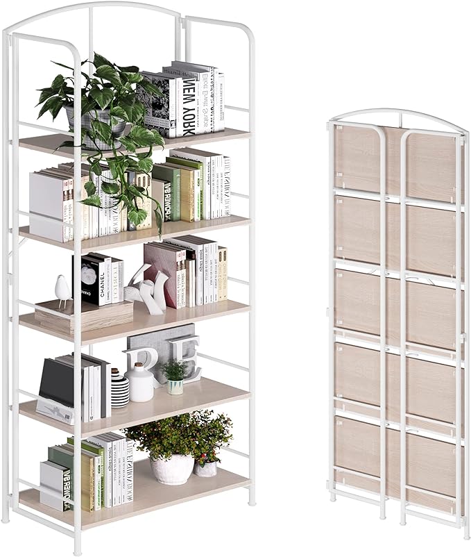 No Assembly Folding Bookshelf, Metal Book Shelf for Storage, Folding Bookcase for Office Organization and Storage (White, 5 Tiers)