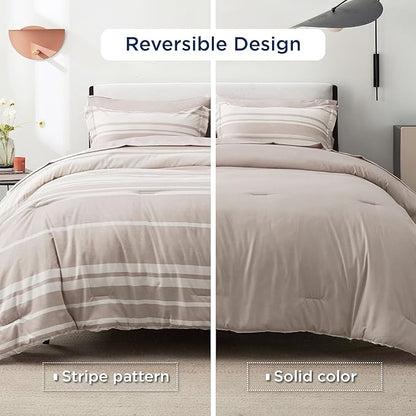 Bedsure Bed in a Bag California King Size 7 Pieces, Light Camel White Striped Bedding Comforter Sets All Season Bed Set, 2 Pillow Shams, Flat Sheet, Fitted Sheet and 2 Pillowcases