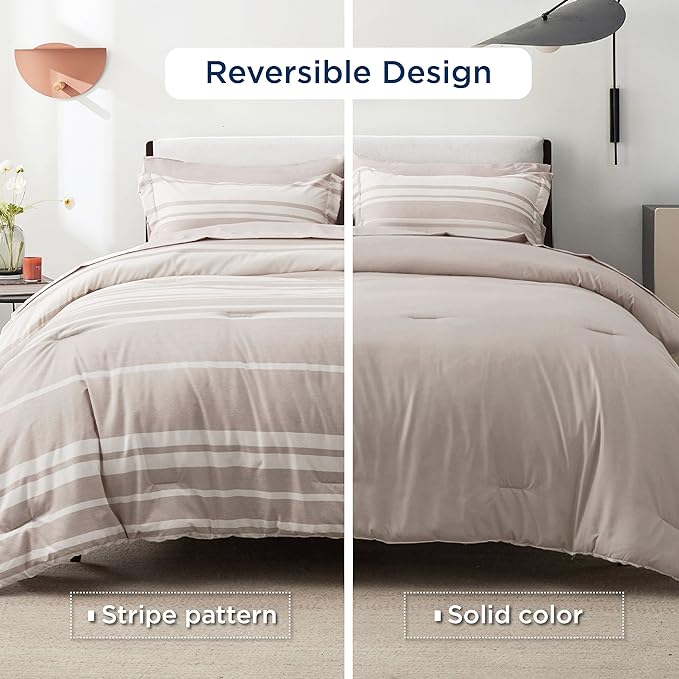 Bedsure Bed in a Bag King Size 7 Pieces, Light Camel White Striped Bedding Comforter Sets All Season Bed Set, 2 Pillow Shams, Flat Sheet, Fitted Sheet and 2 Pillowcases