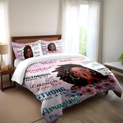 Kids Comforter Sets Queen Size, Prayer Girl and African American Girl Inspirational Quotes with Floral Butterfly, Teens Bedding Sets for Girls Women (Queen, Pink White)