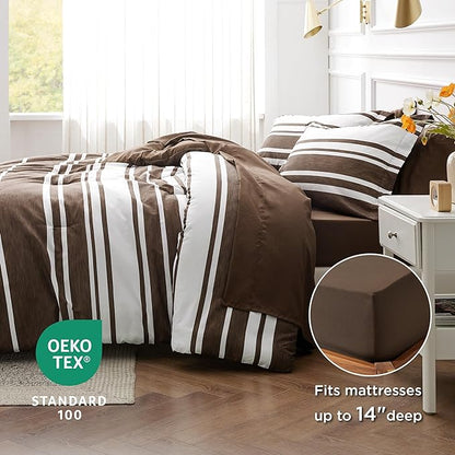 Bedsure Bed in a Bag Twin Size 5-Piece Brown White Striped Bedding Comforter Sets All Season Bed Set with 1 Pillow Sham, Flat Sheet, Fitted Sheet and 1 Pillowcase
