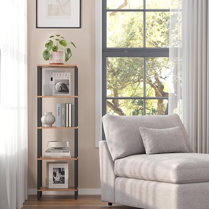 TUTOTAK Bookshelf, 5-Tier Tall Book Shelf, Narrow Bookcase for Small Space, DIY Stackable Bookshelf, for Living Room, Office, Study, Entryway, Industrial, Rustic Brown and Black BS01BB005