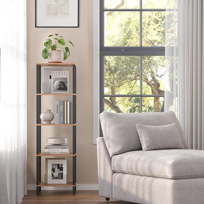 TUTOTAK Bookshelf, 5-Tier Tall Book Shelf, Narrow Bookcase for Small Space, DIY Stackable Bookshelf, for Living Room, Office, Study, Entryway, Industrial, Rustic Brown and Black BS01BB005