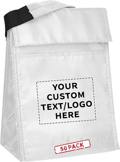 DISCOUNT PROMOS 50 Hook and Loop Insulated Lunch Bags Set - Customizable Text, Logo - Polyester, Durable, Vibrant, Reusable - White