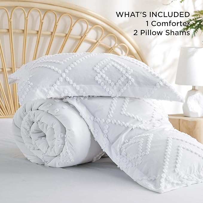 Bedsure Boho Comforter Set Queen - Linen Tufted Bedding Comforter Set, 3 Pieces Farmhouse Shabby Chic Embroidery Bedding Set, Soft Geometric Pattern Comforter for All Seasons