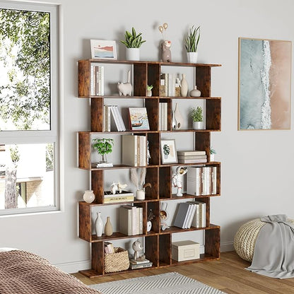 Yusong Geometric Bookcase, Bookshelf 6-Tier S Shaped Book Shelves for Bedroom, Modern Wood Decorative Display Shelf Tall Book Case for Home Office, Rustic Brown
